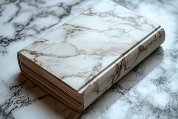 Poster - Decorative marble-patterned notebook resting on a marble tabletop in soft, natural light