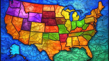 Poster - Exquisite stained glass style artwork featuring the map of the united states in a colorful and elegant design