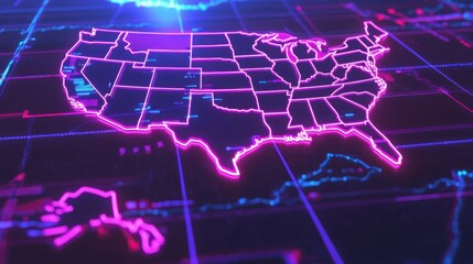Poster - Retro synthwave style illustration of the united states evoking nostalgia for the 80s with neon colors and aesthetics
