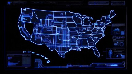 Poster - Detailed map of the united states highlighting technology export trends and regional economic data for analysts