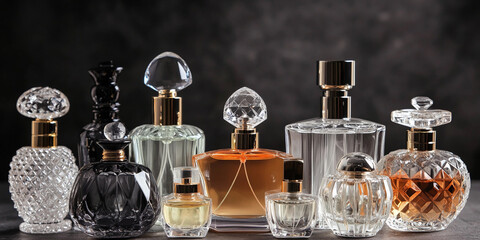 Poster - Elegant assortment of decorative perfume bottles on display Generative AI