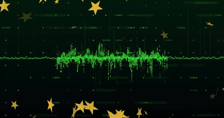 Poster - animation of green digital sound wave with floating golden stars on dark background