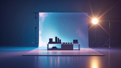 Poster - Creative studio setup featuring geometric shapes and dramatic lighting during a product photoshoot in an art space