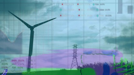 Poster - Wind turbine and power lines with data processing animation over landscape