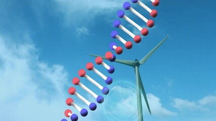 Poster - Animation of DNA strand and wind turbine against blue sky with clouds