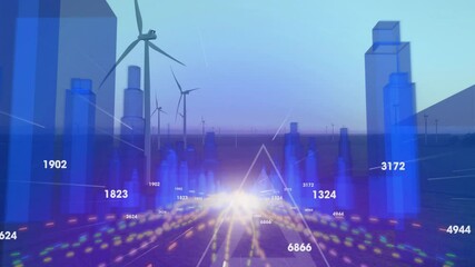 Poster - Animation of wind turbines and data graphs over cityscape at sunset
