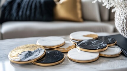 Poster - Decorative coasters with gold trim arranged on a marble table surface