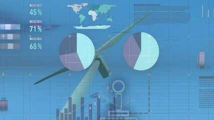 Poster - Animation of wind turbine with data charts and graphs overlaying global statistics