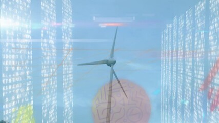 Poster - Animation of wind turbine spinning with digital data streams and abstract patterns