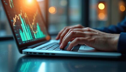 Poster - Close up hands working laptop. Screen shows finance graph, business chart. Digital marketing, data management, analyst job, teamwork, project, statistic data.
