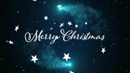 Wall Mural - merry christmas text with stars and sparkling blue background animation