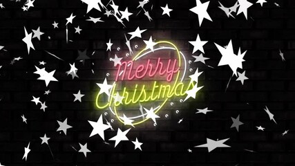 Poster - Glowing neon Merry Christmas sign with white stars on dark brick wall