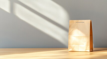 Poster - A simple brown paper bag sits on a wooden surface, illuminated by soft light and shadows on a textured wall, Eco-Friendly Packaging  cup.
