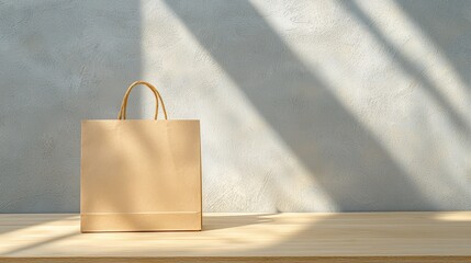 Poster - a simple, brown paper shopping bag sits on a wooden surface, illuminated by soft shadows from the li