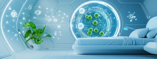 Poster - A futuristic bedroom featuring digital screens, vibrant greenery, and a large visibility window showcasing microorganisms, emphasizing health and wellness.