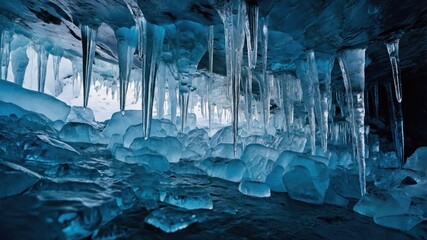 Poster - A stunning ice cave with icicles and blue ice formations, showcasing the beauty of frozen landscapes.