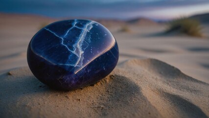 Poster - A polished blue stone resting on sandy terrain, illuminated by soft natural light.