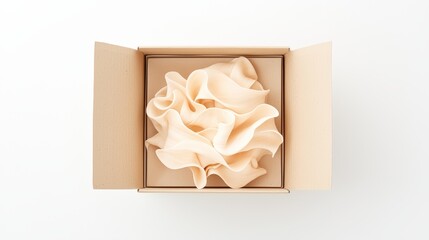 Poster - A soft, cream-colored fabric sculpture inside a square cardboard box, showcasing elegant curves and folds against a minimalist background, Eco-Friendly Packaging  cup.