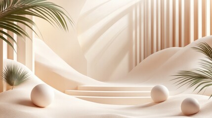Poster - beige monochromatic architectural presentation backdrop featuring smooth curves steps spheres and exotic palm fronds under subtle light gradients