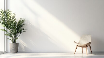 Poster - minimalist living space showcasing a potted palm and a modern chair bathed in soft light against a crisp white wall backdrop enhancing spaciousness