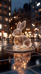 Fototapete - 3D wireframe hologram rabbit in neon colors on dark background with captivating glowing grid