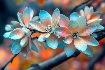 Wall Mural - Stunning Pastel Blue and Peach Flowers Blossom Closeup