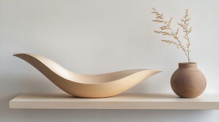 Poster - A wooden bowl and vase with dried plant on a shelf