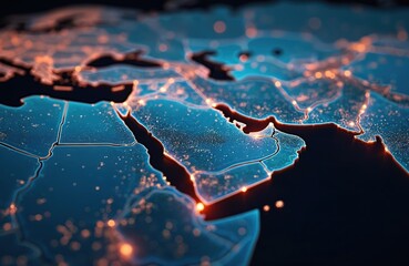 Poster - Digital map of Saudi Arabia, Middle East North Africa connectivity network. Futuristic tech, glowing links, nodes visualize global communication, cyberspace infrastructure. Saudi Arabia, MENA region.