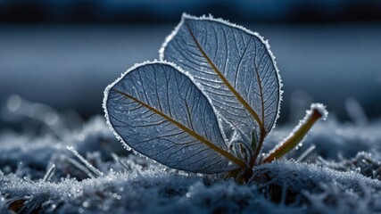 Poster - A close-up of frost-covered leaves on a snowy ground, highlighting nature's beauty in winter.
