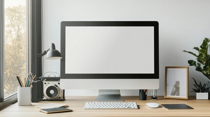 Poster - A clean Scandinavian-inspired desk setup with a mock-up computer, photo frame, gramophone, and stylish office accessories, blending work and leisure in one space.