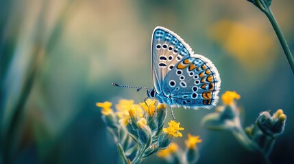 Poster - A close-up of a solitary butterfly resting on a wildflower, showcasing the delicate details of nature in a serene, tranquil environment.