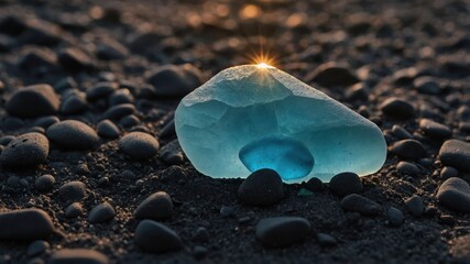 Poster - A close-up of a blue crystal on a gravel surface, illuminated by sunlight, creating a serene atmosphere.