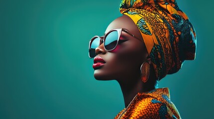 Poster - A confident African woman rocking a vibrant headwrap and sleek sunglasses, blending retro and futuristic fashion for a striking portrait.