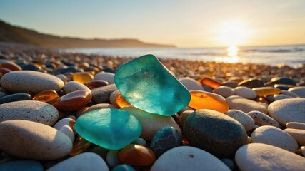 Poster - A serene beach scene featuring colorful pebbles and vibrant sea glass against a sunset backdrop.