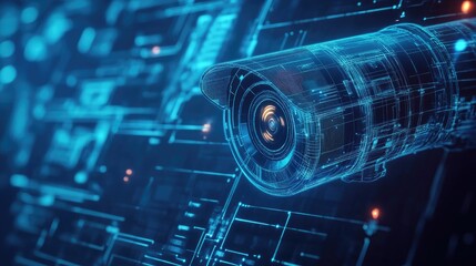 Poster - A digital wireframe of a surveillance camera on a blue backdrop, emphasizing cutting-edge security design with a futuristic, tech-driven aesthetic
