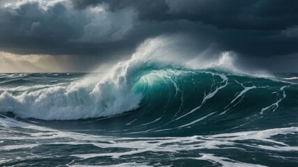 Poster - A dramatic ocean wave crashing under a stormy sky, showcasing nature's power and beauty.