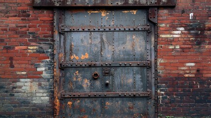 Aufkleber - A gritty, weathered metal security door on a vintage brick building, showcasing the blend of history and urban wear in a dramatic, textured composition.