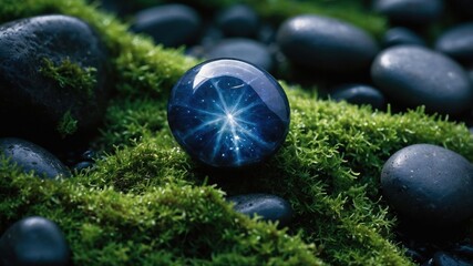 Poster - A luminous blue gemstone resting on moss among smooth stones, creating a serene natural scene.