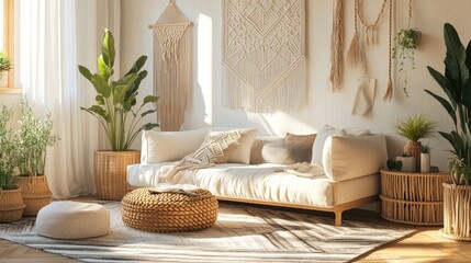 Poster - A modern living room with a chaise longue, macrame wall art, rattan decor, plants, and stylish personal accessories, capturing the essence of oriental home design.