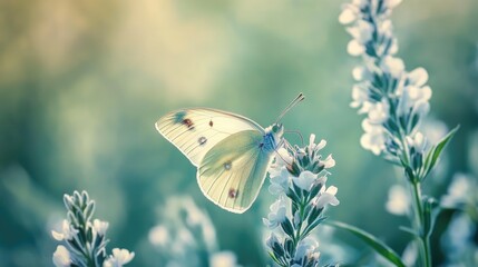 Poster - A solitary butterfly delicately perched on a wildflower, capturing the peacefulness and beauty of nature in a soft, natural setting.