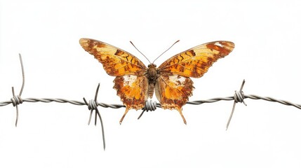 Poster - A stark, surreal image of a rusty barbed wire fence barrier isolated on a white background, evoking feelings of isolation and restriction