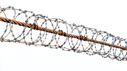 Poster - A stark, surreal image of a rusty barbed wire fence barrier isolated on a white background, evoking feelings of isolation and restriction