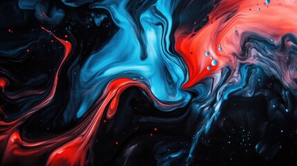 Poster - A stunning image of acrylic blue and red colors blending in water, creating an artistic abstract effect with rich, vivid colors on a black background.