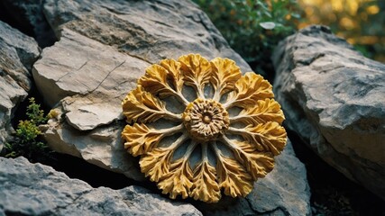 Poster - A decorative yellow flower motif resting on textured rocks in a natural setting.