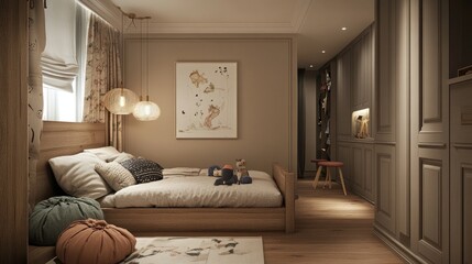 Poster - A stylish Scandinavian child room with a wooden bed, pillows, elegant lighting, plush toys, and playful textile decorations, offering a creative and cozy environment.