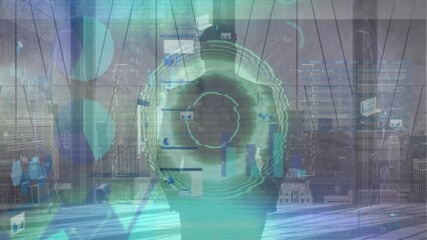 Poster - Urban cityscape with futuristic digital interface elements showcasing animation technology