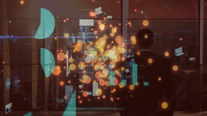 Poster - Colorful bokeh lights animation over data charts and graphs in office setting