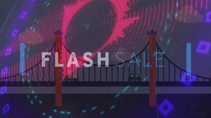 Poster - Flash sale text animation over bridge silhouette with colorful abstract patterns