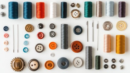 Poster - A vintage sewing kit featuring threads, buttons, needles, and other classic craft supplies, isolated on a clean white background, perfect for DIY and needlework projects.