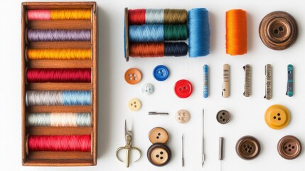 Poster - A vintage sewing kit with colorful threads, buttons, and needles on a white background, capturing the essence of traditional craftsmanship and sewing.